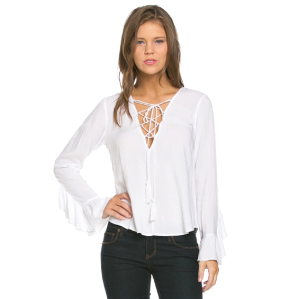 HOMAGE Lace Up V-Neck Ruffle Long Sleeve Blouse
